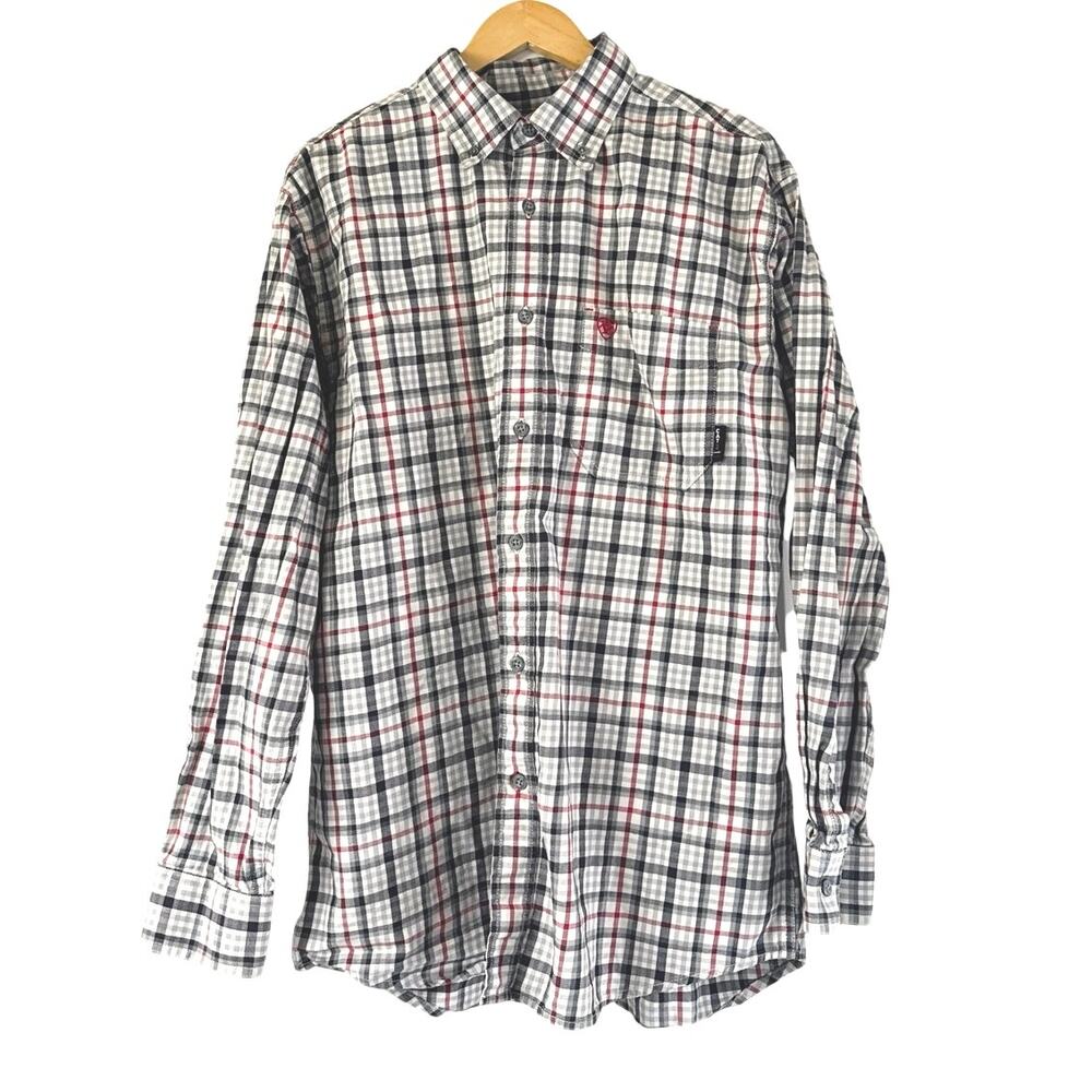 ARIAT Men’s FR Plaid Work Long Sleeve Button Down Shirt Size L Navy/White *EUC